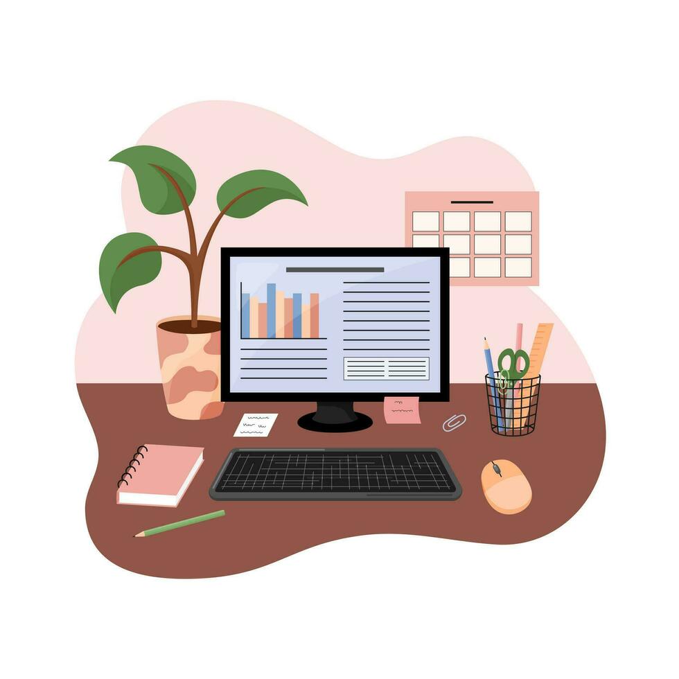 Illustration of a clean, organized desk workspace with a monitor, notebook, and small plant arranged in a structured layout